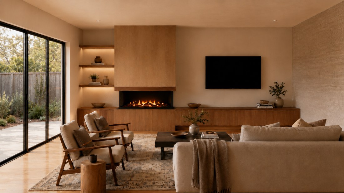 Fireplace design concept — built-in wood surround with floating shelves