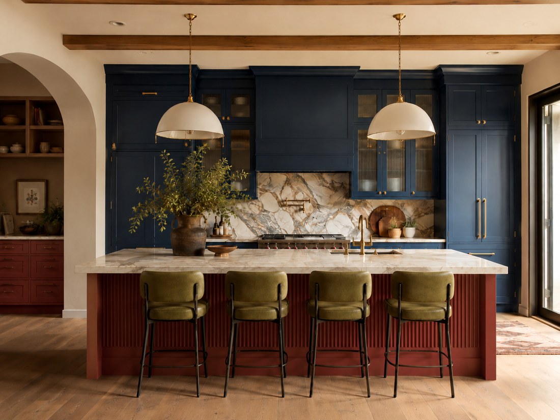 Bold kitchen design concept — navy cabinetry with marble backsplash