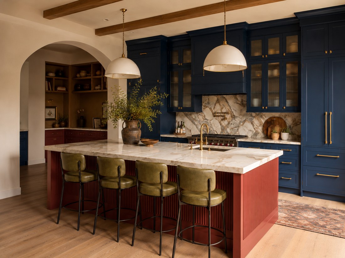 Bold kitchen design concept — kitchen island with brass fixtures