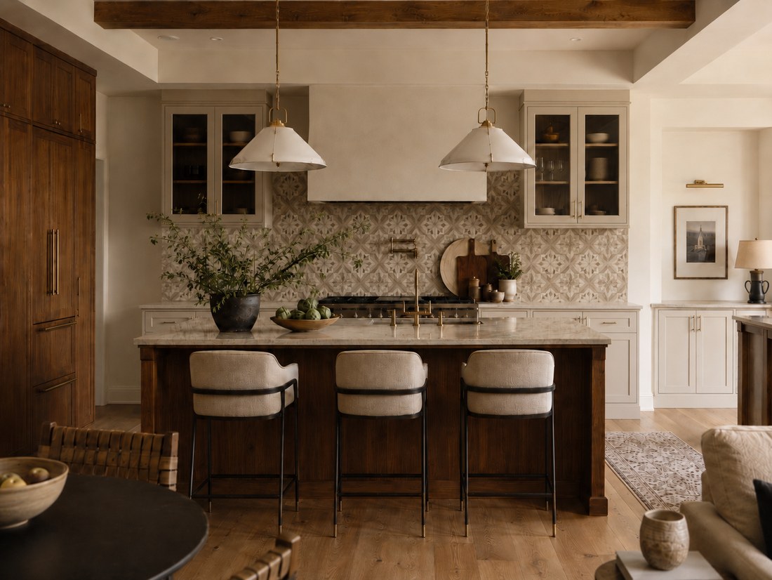 Transitional kitchen design concept — island with woven bar stools