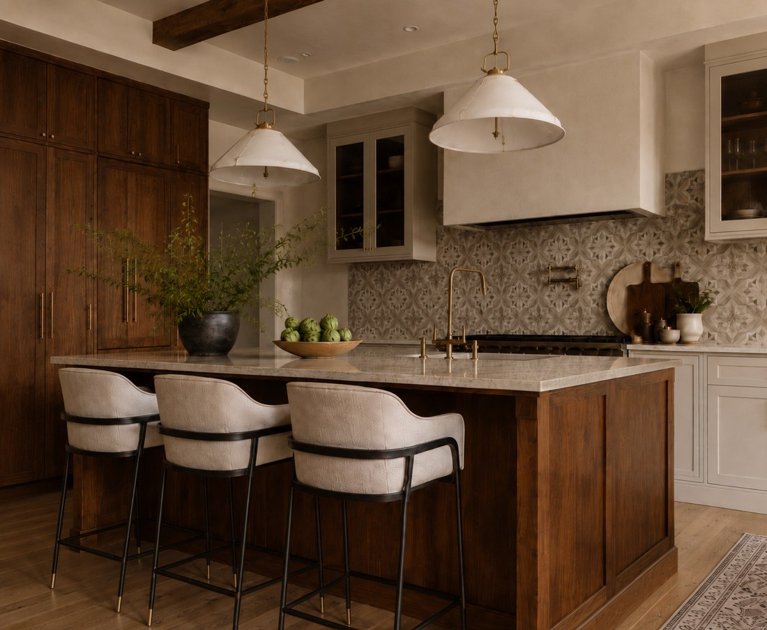 Transitional kitchen design concept — patterned tile backsplash detail